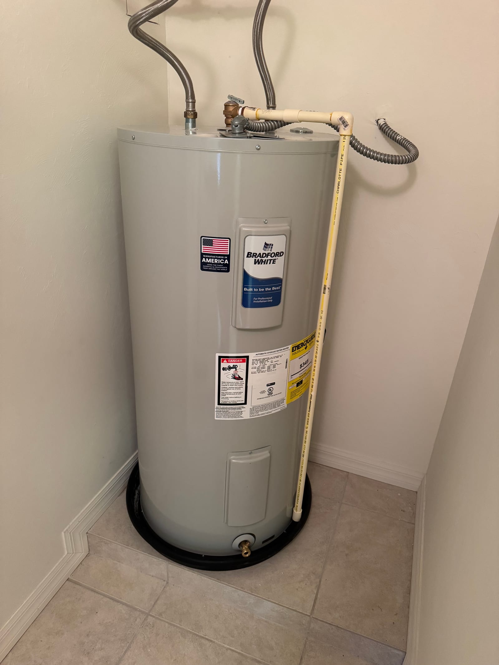 Bradford White electric water heater installation with braided stainless flex supply lines